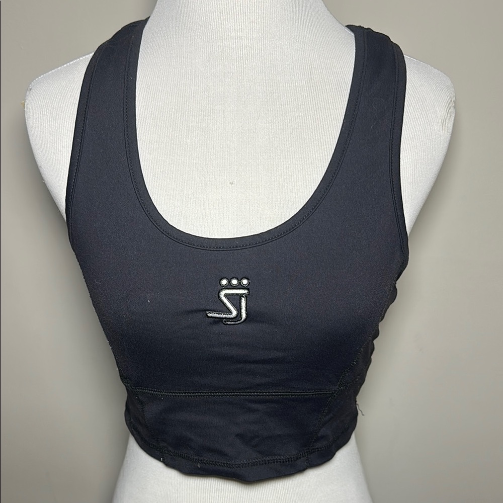 Shane Justin SJ logo Black cropped workout top